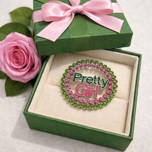 Alpha Kappa Alpha AKA Pretty Girl Brooch Pink Green Rhinestone Sorority Silver